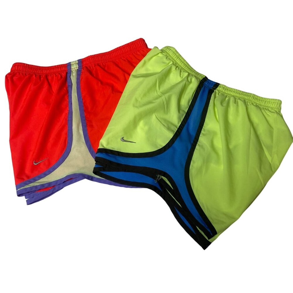 Nike Dri-Fit Womens Running Shorts Set Of 2 Red & Neon Green Size S Lightweight